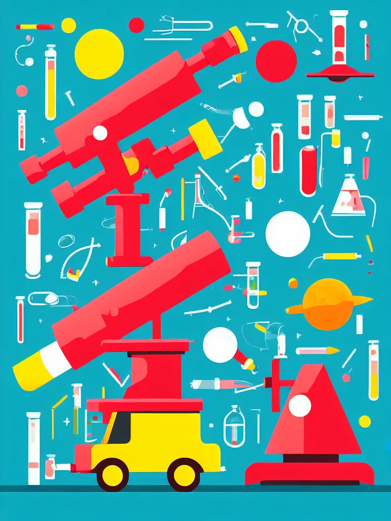 Image similar to editorial illustration scientific lab test tube telescope microscope spaceship, colorful modern, mads berg