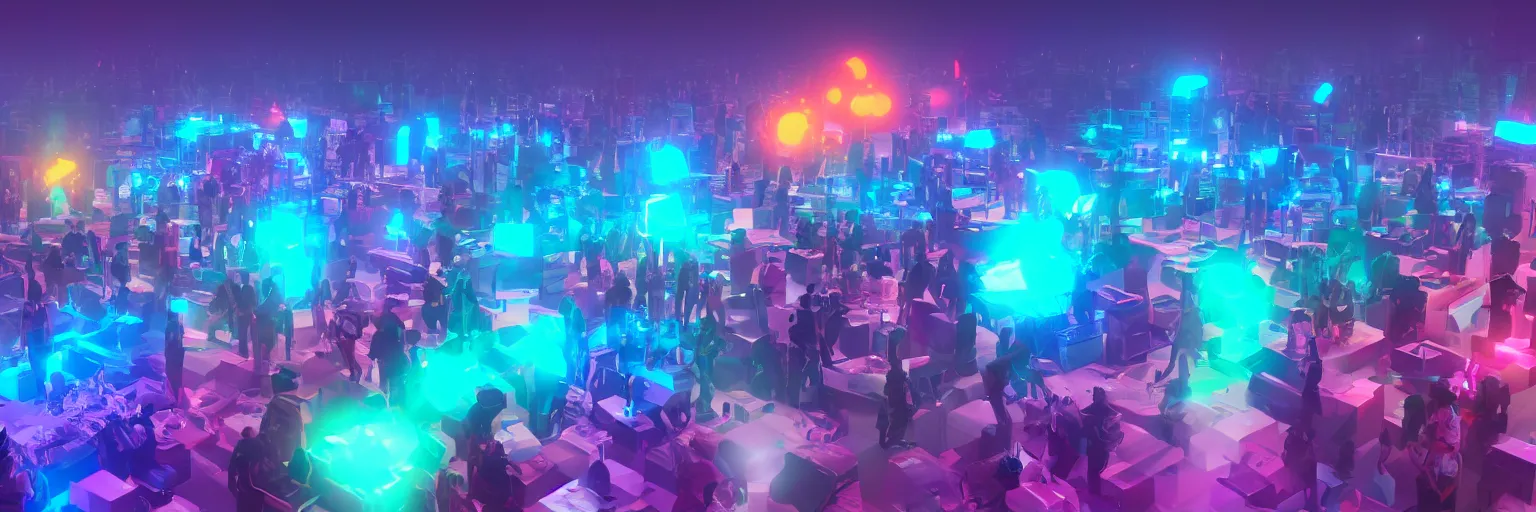 Image similar to volumetric photo of all the people of Llanet earth, unreal engine, retrowave color palette, 3d render, lowpoly, colorful, digital art