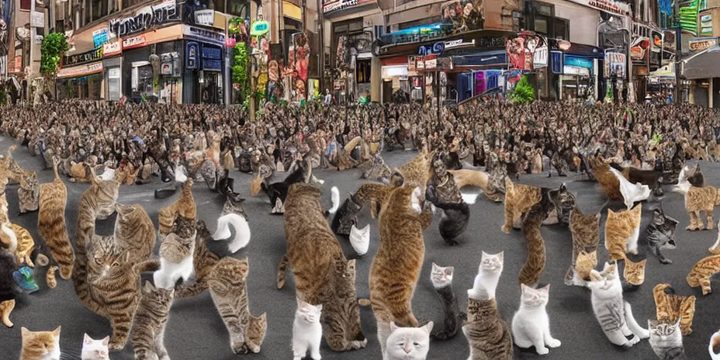 Image similar to a crowd of cats protesting in a busy street, 3d detailed, digital art