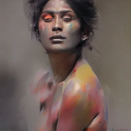 Prompt: a realistic hyperdetailed multi - colored digital oil full body portrait painting of a an indian woman sunbathing, beautiful, the style of guy denning, ruan jia, and craig mullins. trending on artstation and deviantart. cgsociety digital art.