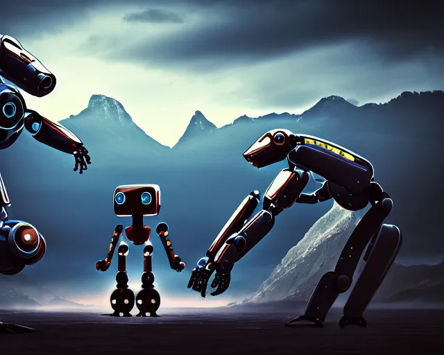 Image similar to two futuristic robot fighting each other, landscape, Cyberpunk, Steampunk, close up, cloudy, mountains on background, peaceful day