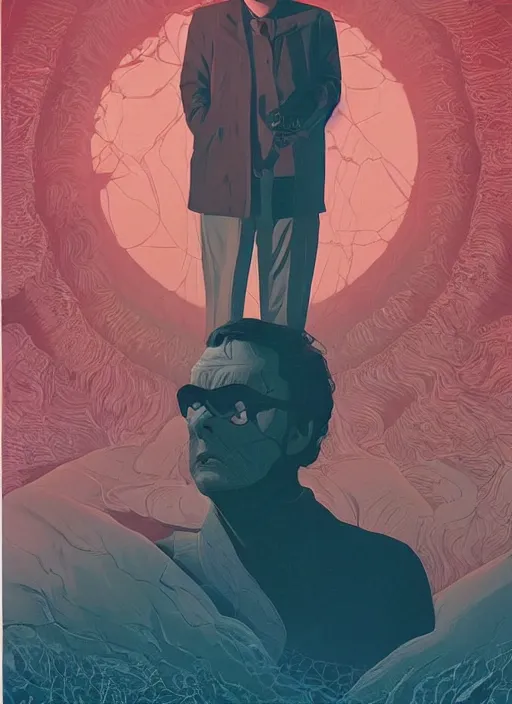 Image similar to poster artwork by Michael Whelan and Tomer Hanuka, Karol Bak of portrait of Stanley Kubrick film director, from scene from Twin Peaks, clean