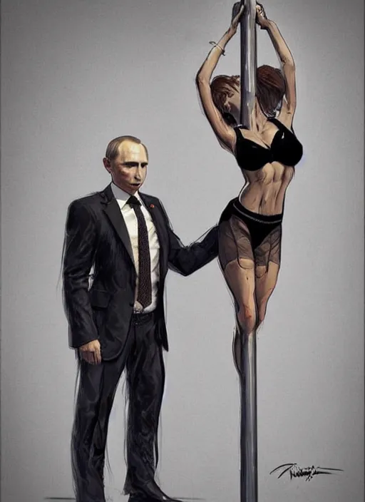 Image similar to vladimir putin, wearing in stocking, mesh shirt, in a strip club, dancing on a pole, elegant, digital painting, concept art, smooth, sharp focus, finely detailed illustration, beautifully framed, from Metal Gear, in the style of Artgerm and Greg Rutkowski and William-Adolphe Bouguerea