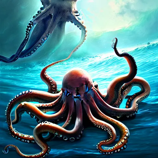 Image similar to a dream fantasy painting of a octopus attack a man in the deep of the ocean, by beksinki, greg rutkowski, carne griffith trending on artstation, deviantart, photorealism