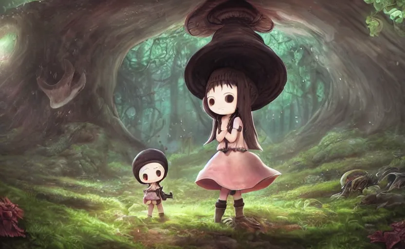 Image similar to cute little girl with an long black hair wearing an mushroom hat in the dark forest next to a sinister monster, cute artwork, clean detailed art, inspired by made in abyss, detailed background, fantastic world, spectacular quality