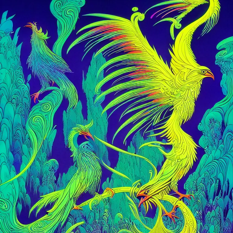 Image similar to mythical bird over infinite fractal volcanoes bright neon colors highly detailed cinematic eyvind earle tim white philippe druillet roger dean lisa frank aubrey beardsley hiroo isono