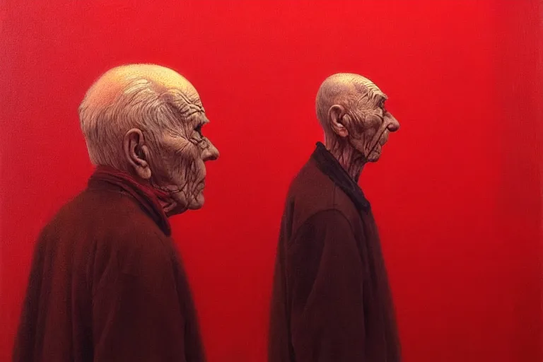 Image similar to only with red, a red old man try to sell a portrait, cheering crowd, in the style of beksinski, parts by edward hopper, parts by rodcenko, parts by yue minjun, intricate and epic composition, red by caravaggio, insanely quality, highly detailed, masterpiece, red light, artstation, 4 k