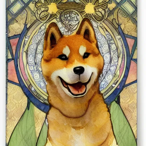 Image similar to portrait of happy laughing shiba inu with a background in the style of mucha. detailed, ornate, watercolor