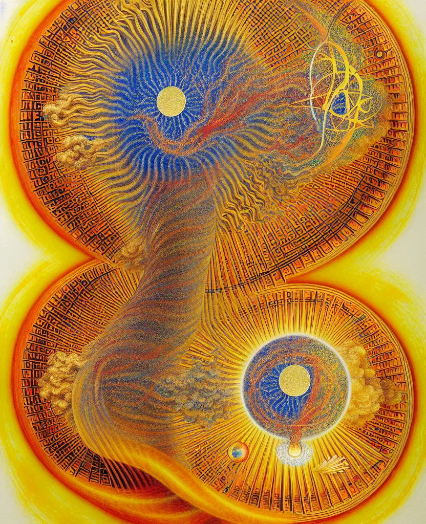 Image similar to a golden child radiates a unique canto'as above so below'while being ignited by the spirit of haeckel and robert fludd, breakthrough is iminent, glory be to the magic within, in honor of jupiter's day, painted by ronny khalil