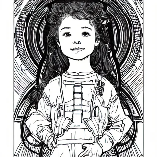 Image similar to clean simple line art of a cute little girl with short wavy curly hair. she is dressed as an astronaut. no background. well composed, clean coloring book page, beautiful detailed face. coloring book line art by artgerm and greg rutkowski and johanna basford and alphonse mucha