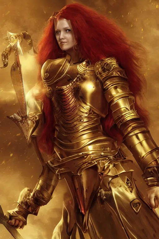 Image similar to a tall, red - haired female knight wearing golden armor and a right golden prosthetic arm, longer than her left arm. she wields a long golden blade