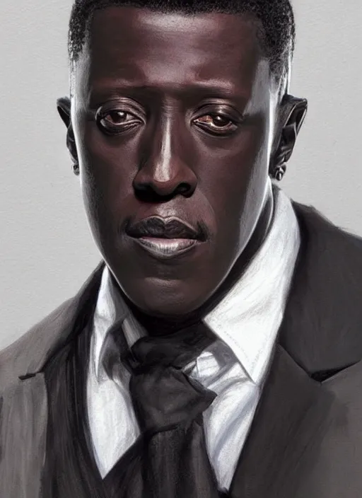 Image similar to wesley snipes as handsome man, wearing a simple black vest and white shirt, centered, digital painting, artstation, concept art, smooth, sharp focus, illustration, art by artgerm and donato giancola
