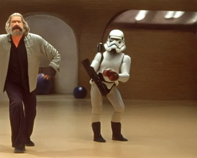 Image similar to Jeff Bridges from The Big Lebowski throwing a bowling ball in the Mos Eisley Cantina in Star Wars