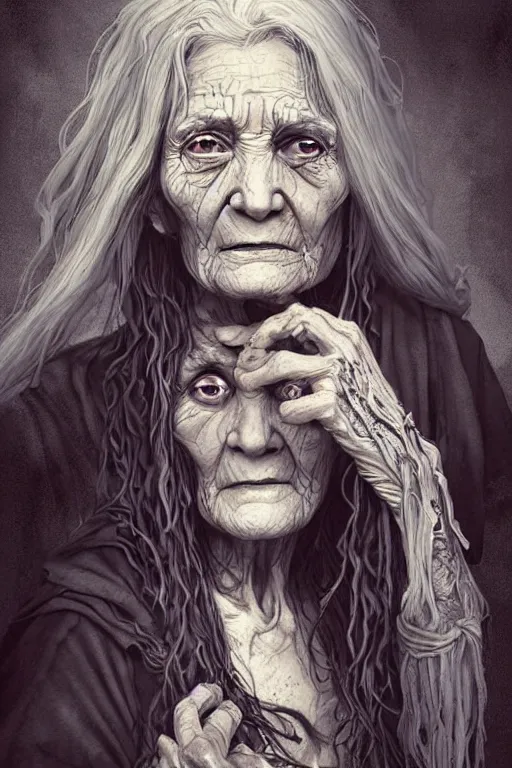 Prompt: very old woman crone with long scraggly hair, wearing torn rags, character concept art, intricate details, highly detailed photorealistic portrait in the style of adam hughes, seseon yoon, artgerm and warren louw