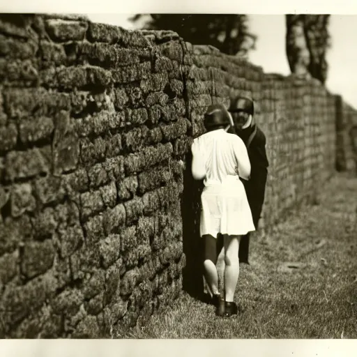 Image similar to An utterly terrified young man with long hair in 1930s attire cornered with his back against a stone wall. Scared look, panic, horror