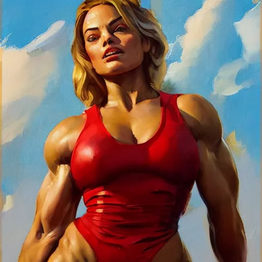 Image similar to greg manchess portrait of margot robbie as thick female bodybuilder lara croft wearing red dress, epic grimdark, fantasy, medium shot, asymmetrical, profile picture, organic painting, sunny day, matte painting, bold shapes, hard edges, street art, trending on artstation, by huang guangjian and gil elvgren and sachin teng