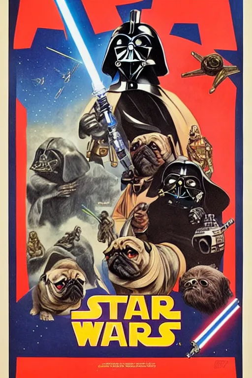 Image similar to vintage star wars movie poster by tom jung, with pugs droids and pug darth vader, film art gallery