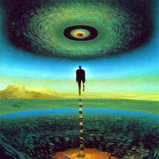 Prompt: Human peaking in wormhole - award-winning digital artwork by Salvador Dali, Beksiński, Van Gogh and Monet.