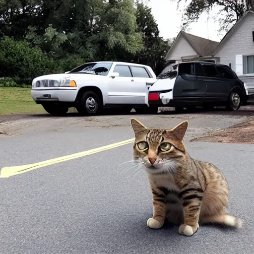 Prompt: a cat that is gigantic and sitting right next to a car outside of a house