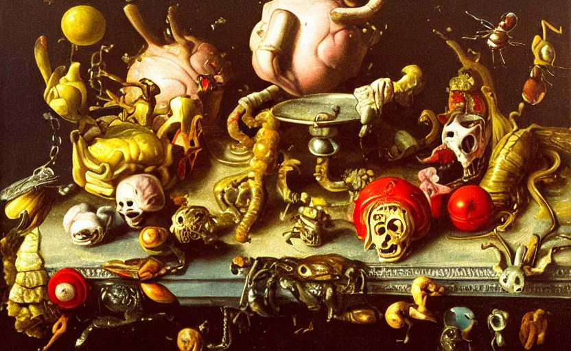 Image similar to disturbing colorful oil painting dutch golden age vanitas still life with bizarre objects strange gooey surfaces shiny metal bizarre insects rachel ruysch dali todd schorr very detailed perfect composition rule of thirds masterpiece canon 5 0 mm, cinematic lighting, photography, retro, film, kodachrome