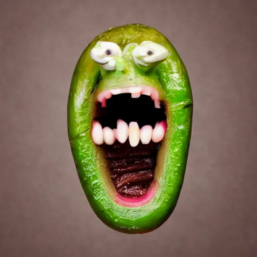 Image similar to portrait photograph of a pickle with a screaming face