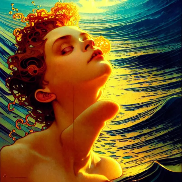 Image similar to mind bending ocean waves of glossy psychedelic liquid honey drops flowing like kaleidoscopic translucent amber, lsd waves, lsd ripples, crystal clear, backlit, sunset, refracted lighting, art by collier, albert aublet, krenz cushart, artem demura, alphonse mucha