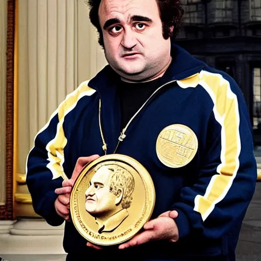 Image similar to john belushi with the face of prime minister gordon brown, wearing a tracksuit and huge gold medallions