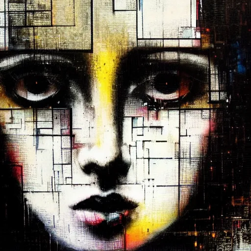 Prompt: portrait of a youthful beautiful women, mysterious, glitch effects over the eyes, sorrow, innocent, sad, crying, by Guy Denning, by Johannes Itten, by Russ Mills, centered, hacking effects, bright, chromatic, cyberpunk, light, color blocking, close up, symmetrical, acrylic on canvas, abstract
