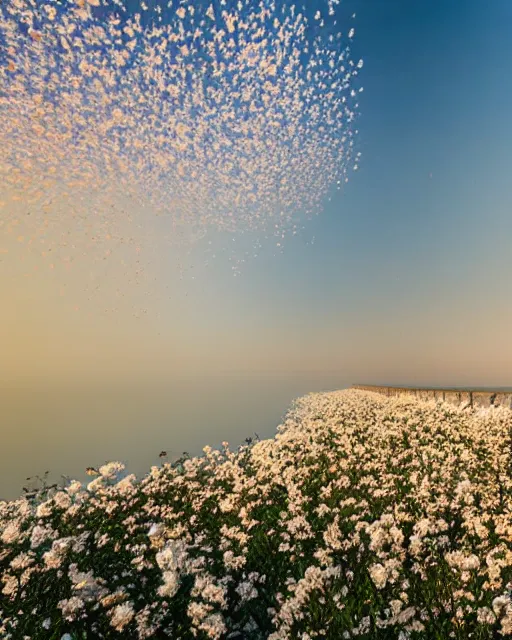 Image similar to explosion in a form of dry cotton flowers over the kerch bridge, wide lens