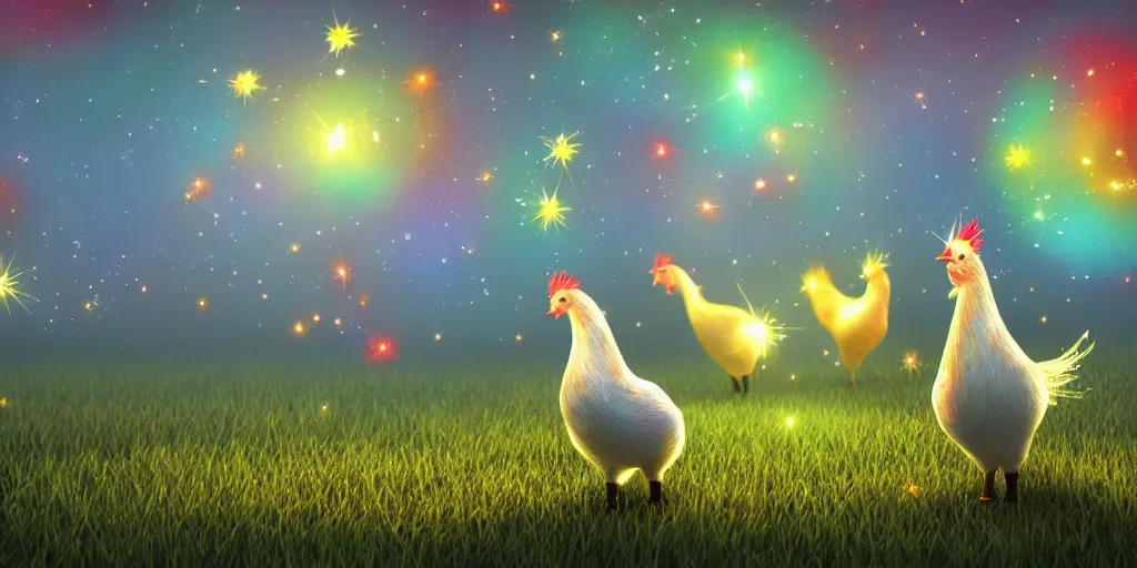 Prompt: magical sparkling chickens frolicking in a field, autumn, sparkles, light beams, photorealistic, hyperrealistic, 8 k, trending on artstation