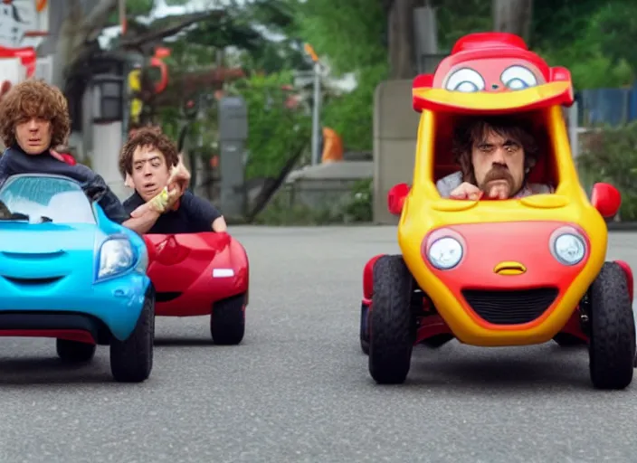 Image similar to peter dinklage racing against gary coleman driving a little tikes cozy coupe, movie still, from the new tokyo drift movie, 8 k, realistic