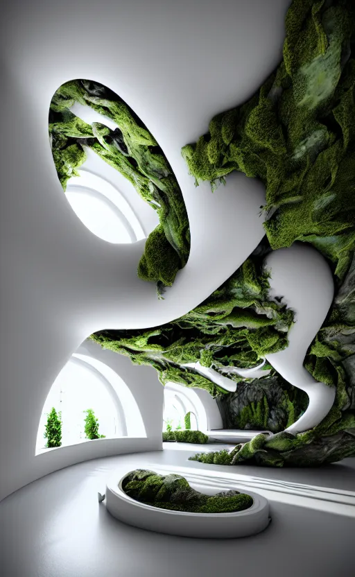 Prompt: highly detailed ultra sharp 3 d render villa interior cinematic composition of a smooth ceramic porcelain biomorphic magnolia stone nebula fluid fractal sci - fi surreal architecture landscape, white granite, metallic, marble, moss lichen, vincent callebaut composition, mamou - mani, archviz, beautiful lighting, 8 k, unreal engine