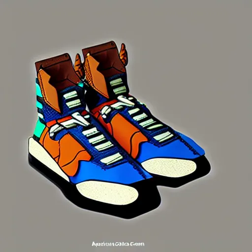 Image similar to realistic scultpure of sneaker! design, sneaker design overwatch fantasy style mixed with aztec mayan native street fashion, focus on sneakers only, shoes designed by akira toriyama and studio ghibli