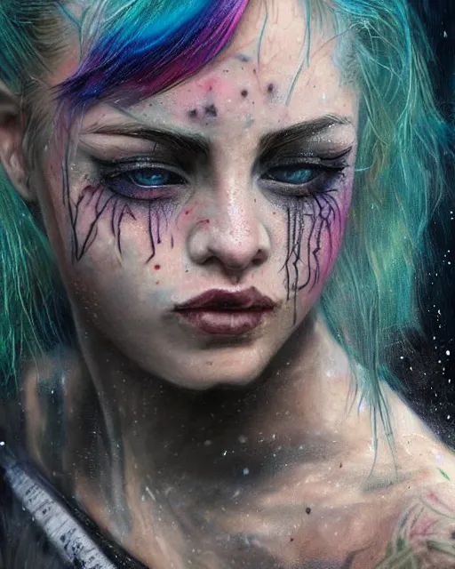 Prompt: tattooed attractive grungy woman with rainbow hair, drunk, angry, soft eyes and narrow chin, dainty figure, long hair straight down, torn overalls, basic white background, side boob, wet shirt, wet, raining, highly detailed face, realistic face, beautiful detailed eyes, fantasy art, in the style of greg rutkowski, illustration, epic, fantasy, intricate, hyper detailed, artstation, concept art, smooth, sharp focus, ray tracing, vibrant,