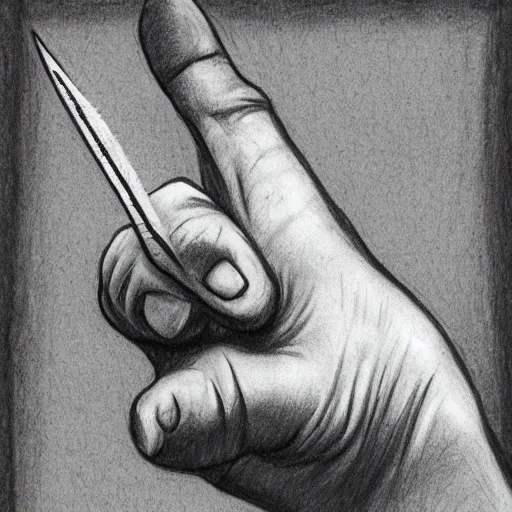 Image similar to pencil drawing of a hand holding a butcher knife dripping with sticky yellow residue, hand and knife are black and white