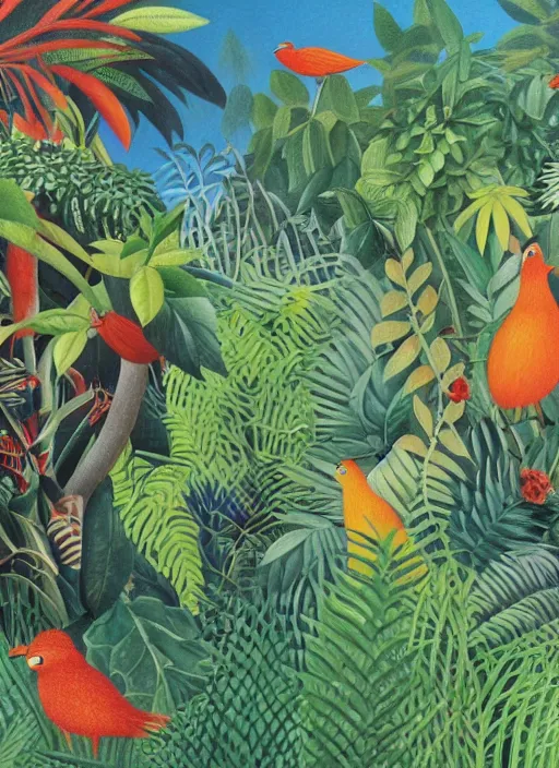 Image similar to rare bird in the jungle, highly detailed, style of henri rousseau and richard scarry