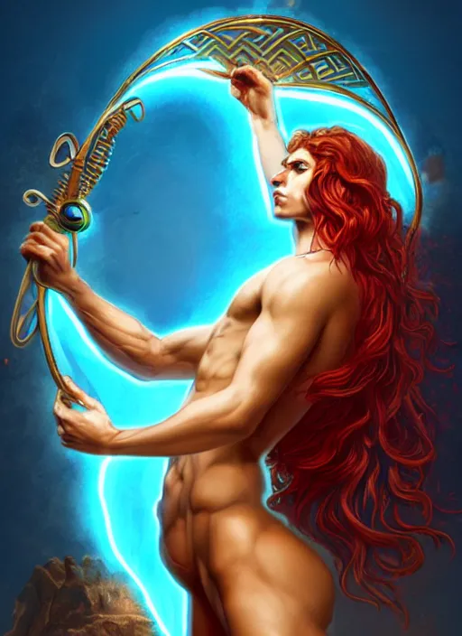 Image similar to the greek god kanyw west, firey gold hair, body made of water, steampunk, beautiful glowing eyes, volumetric lights, red and cyan theme, art nouveau botanicals, intricate, highly detailed, digital painting, artstation, concept art, smooth, sharp focus, cinematic, illustration, beautiful face, art by artgerm and greg rutkowski and alphonse mucha