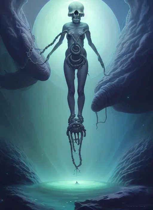 Prompt: shackled in the void, by hr beeple and cgsociety. stunning goddess of sasquatch, charlie bowater and tom bagshaw, insanely detailed, artstation, space art. atoms surrounded by skulls and spirits deep under the sea, horror, sci - fi, surrealist painting, by peter mohrbacher