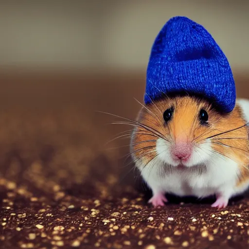 Image similar to a photograph of a dwarf hamster wearing a beanie, hd, macro photography, sharp focus, cinematic lighting, enhanced colors, flickr