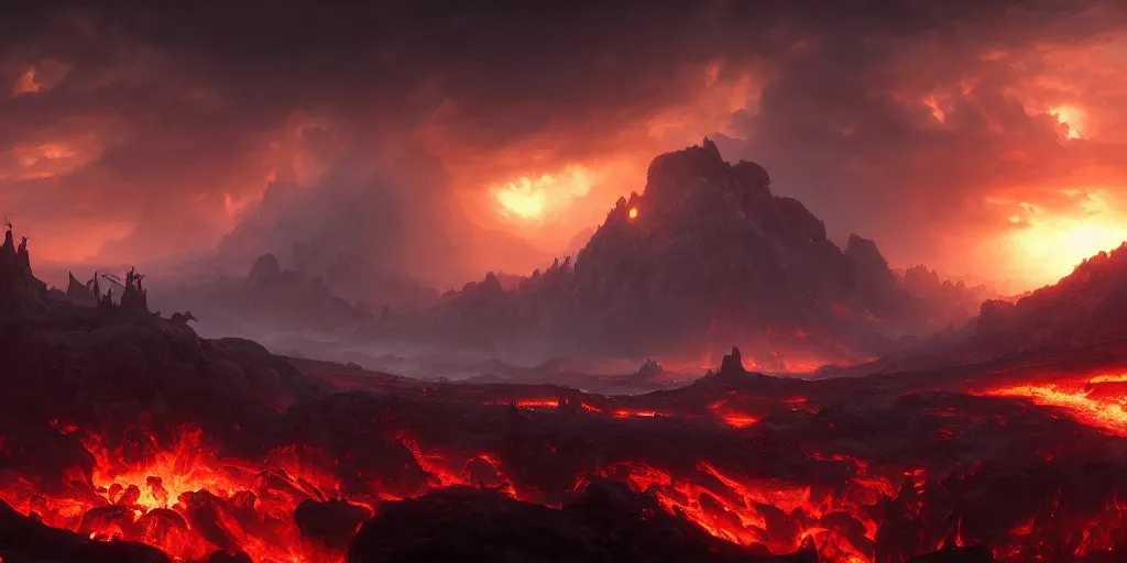 Prompt: fifth circle of hell, dante's inferno, landscape, cinematic, dramatic, very detailed, far horizon, volumetric, by eugene delacroix, artstation, jessica rossier, octane render, vivid, angry red sky, demons flying overhead