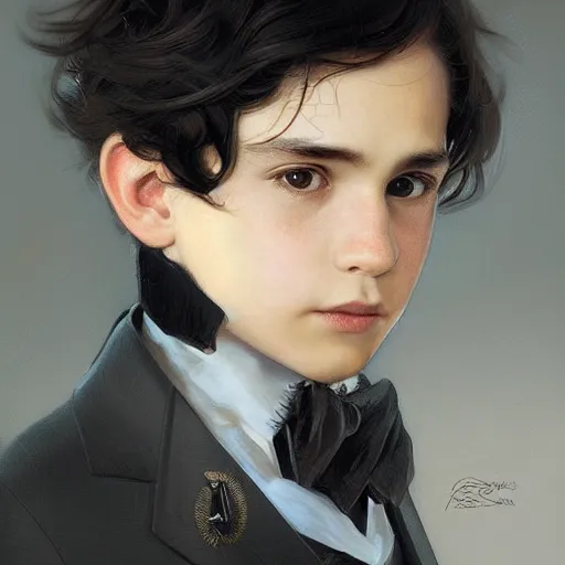 Prompt: portrait of a boy with goat horn, medium black hair, conductor, black suit, fantasy, intricate, elegant, highly detailed, digital painting, artstation, concept art, smooth, sharp focus, illustration, art by artgerm and greg rutkowski and alphonse mucha