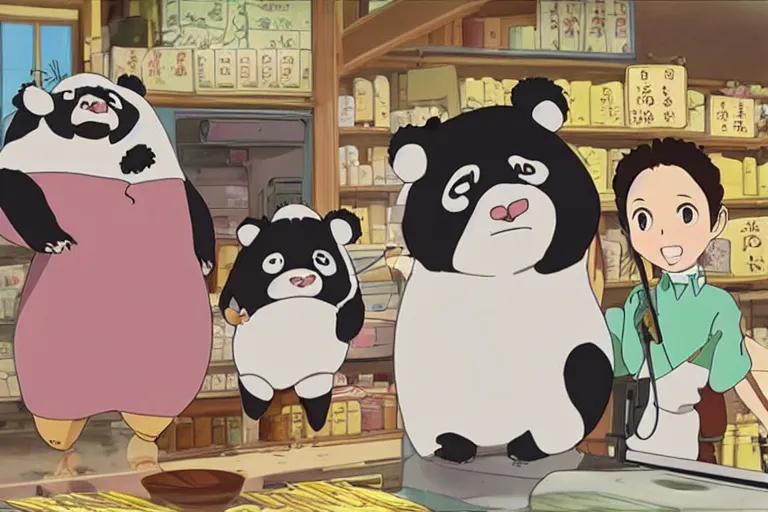 Image similar to studio ghibli anime film ham panda, about a girl and her best panda friend working at a deli, miyazaki movie