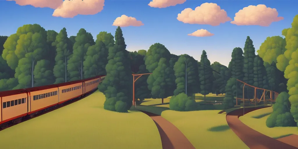 Image similar to tall bridge for trains, in the forest, blue sky, summer evening, kenton nelson