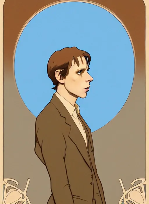 Image similar to art nouveau portrait of geoff rickly with short light brown straw blond hair, light blue eyes, sad expression, scared, head down, shy and demure, natural lighting, path traced, highly detailed, high quality, cartoon, digital painting, by don bluth and ross tran and studio ghibli and alphonse mucha