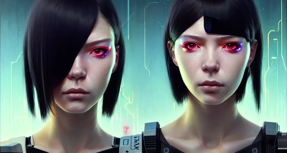 Image similar to potrait of a cyborg cyberpunk girl, fine - face, realistic shaded perfect face, fine details. starlight, realistic shaded lighting poster by ilya kuvshinov katsuhiro otomo ghost - in - the - shell, magali villeneuve, artgerm, jeremy lipkin and michael garmash, rob rey and kentaro miura style, trending on art station