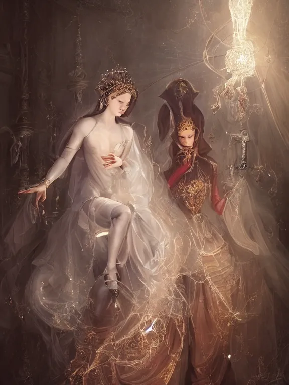 Image similar to a complex concept art ultra detailed of two baroque catholic veiled perfect female face android queens kneel and pray with lots of electric cable behind them connected to giant computer,bowknot, fine lace, GUCCI, sparkling, jewel embellishment, film lighting, by Andrei Riabovitchev,Stanely Artgerm, Tom Bagshaw, Andrei Riabovitchev, aaron horkey, trending on pinterest, full of color, mythological, high detailed,golden ratio,cinematic lighting