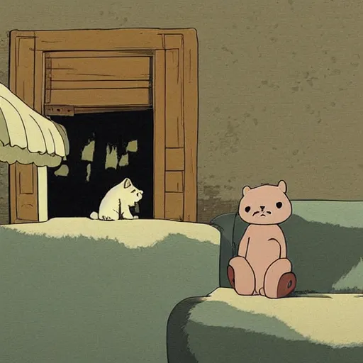 Image similar to bear and cat sitting in couch, by Studio Ghibli, atmospheric, cosy, romantic