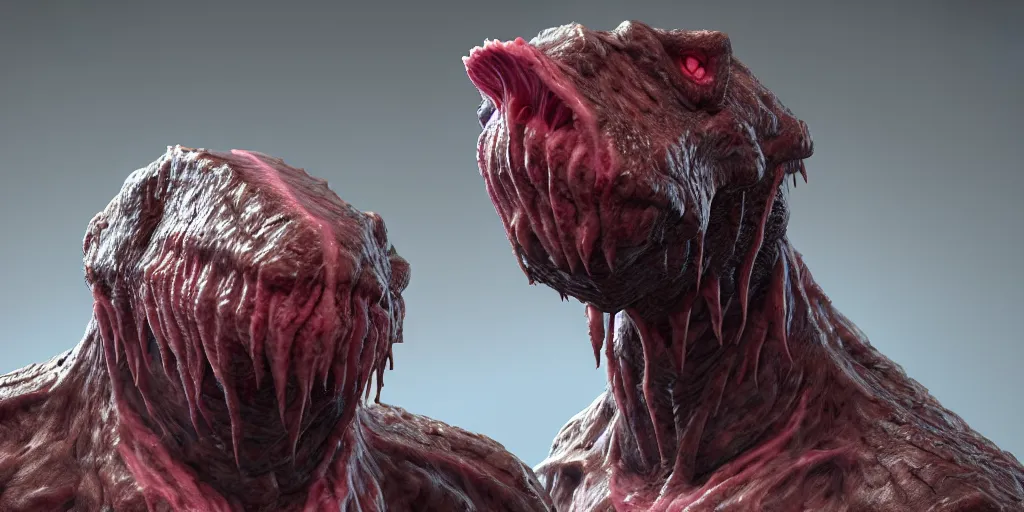 Prompt: the wrinkle skin meat eater creature monster sci fi strange animal by neville page, ken barthelmey, carlos huante and doug chiang, sharp focus, trending on artstation, hyper realism, octane render, 8 k, hyper detailed, ultra detailed, highly detailed, zbrush, concept art, creature design