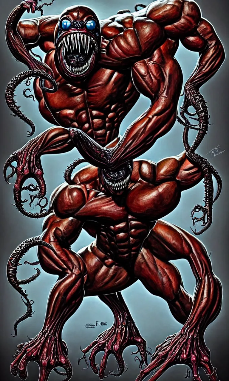 Image similar to legs and feets study of hyper realist full body long shot portrait of bodybuilder venom from marvel comics!!!!, large mouth with teeth, large tongue, lovecraftian horror!!, fantasy, intricate, elegant, highly detailed, digital painting, artstation, concept art, matte, sharp focus, illustration, art by glenn fabry and giger