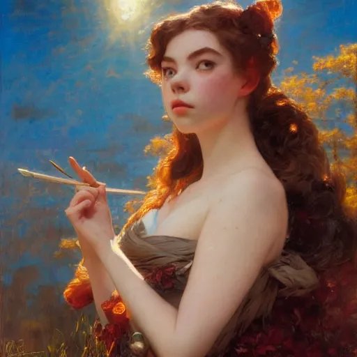 Image similar to detailed high fashion studio portrait of an anime anya taylor joy, eyes closed, sun light, painting by gaston bussiere, craig mullins, j. c. leyendecker